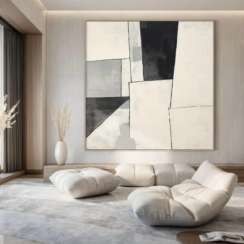 Monochrome Rhythm-Minimalist Abstract Geometry Large Oil Painting - artextured