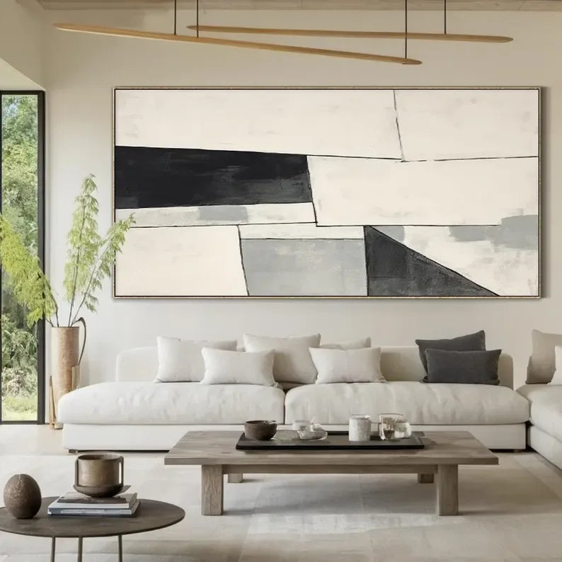 Monochrome Rhythm-Minimalist Abstract Geometry Large Oil Painting - artextured