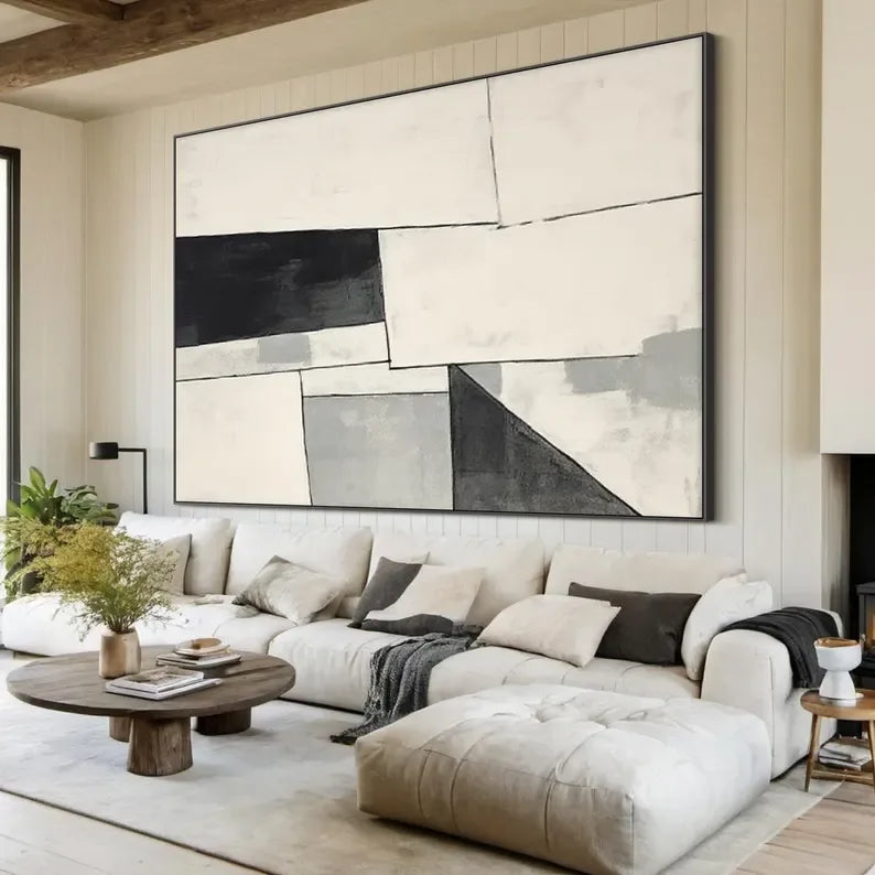 Monochrome Rhythm-Minimalist Abstract Geometry Large Oil Painting - artextured