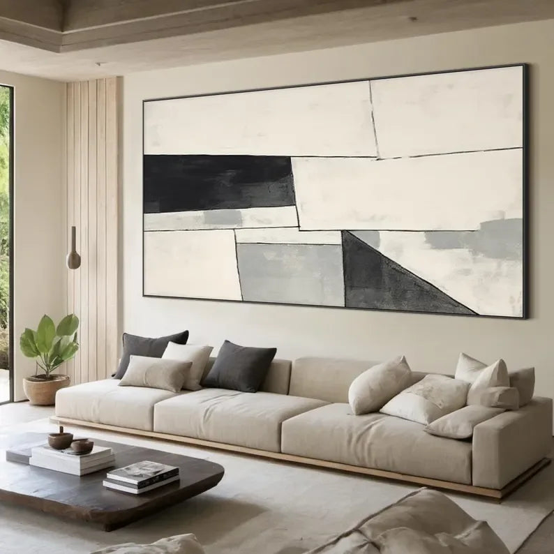 Monochrome Rhythm-Minimalist Abstract Geometry Large Oil Painting - artextured