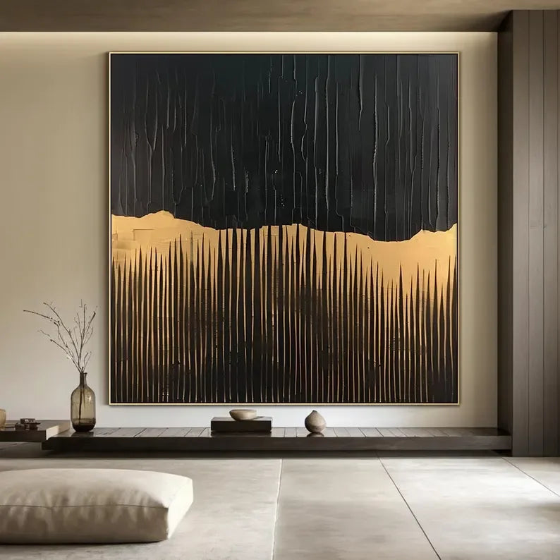 BlackGold Textured Edge-Black Beige Wabi Sabi Abstract Painting - artextured