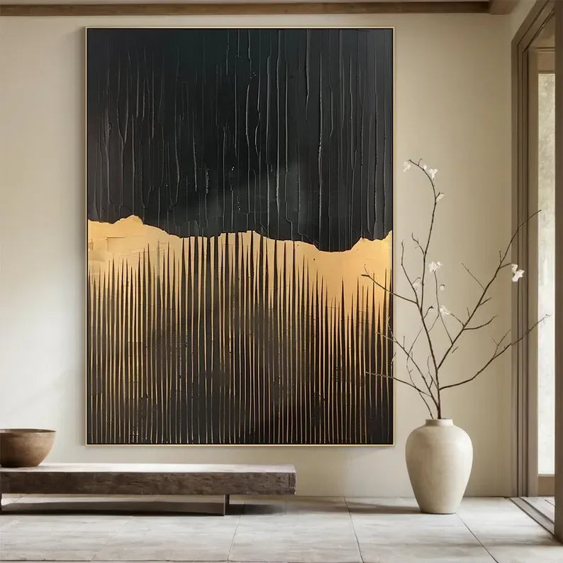 BlackGold Textured Edge-Black Beige Wabi Sabi Abstract Painting - artextured