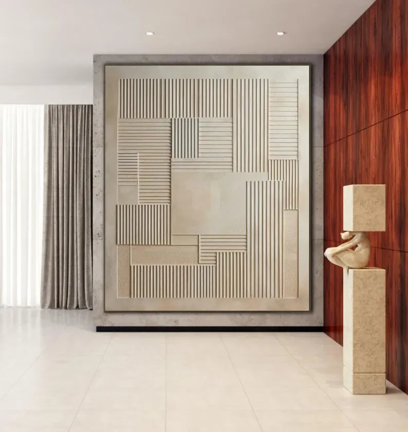 3D Geometric Minimalist Wall Art – Neutral Textured Canvas Decor - artextured