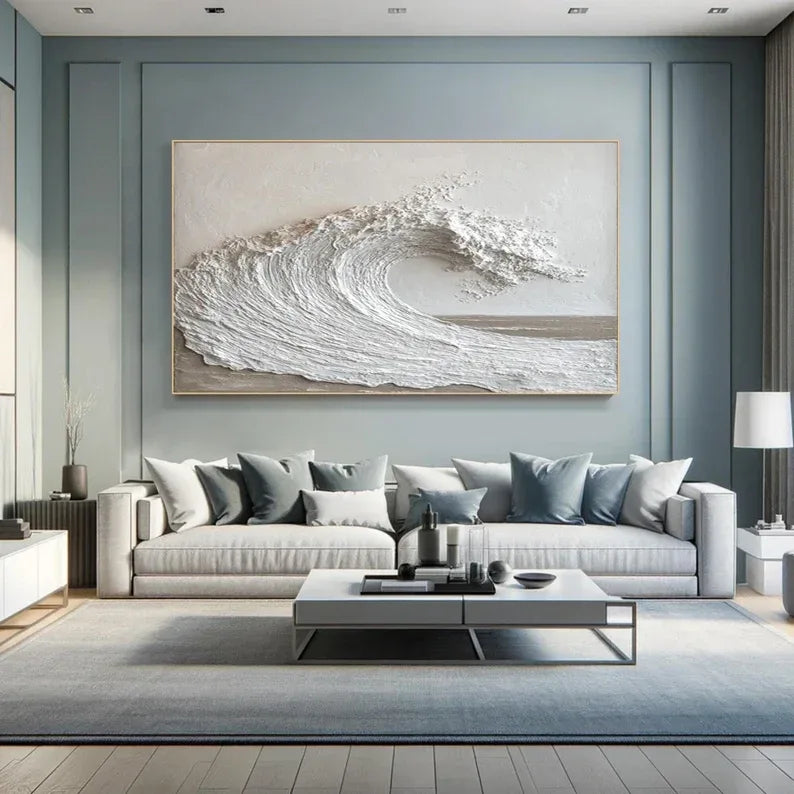 Textured White Ocean Wave-Minimalist 3D Wave Scroll Abstract Oil Painting Wall Art - artextured