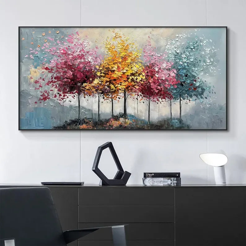 Seasons Symphony Canvas Art-Four Seasons Tree Oil Painting Wall Art with Hand drawn Texture - artextured