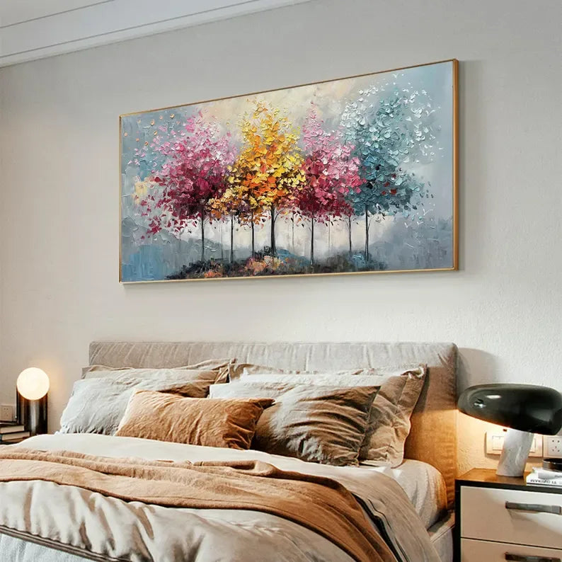 Seasons Symphony Canvas Art-Four Seasons Tree Oil Painting Wall Art with Hand drawn Texture - artextured