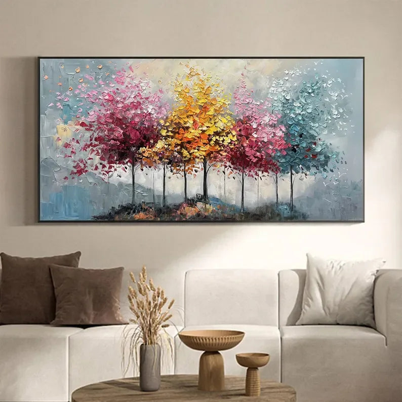 Seasons Symphony Canvas Art-Four Seasons Tree Oil Painting Wall Art with Hand drawn Texture - artextured