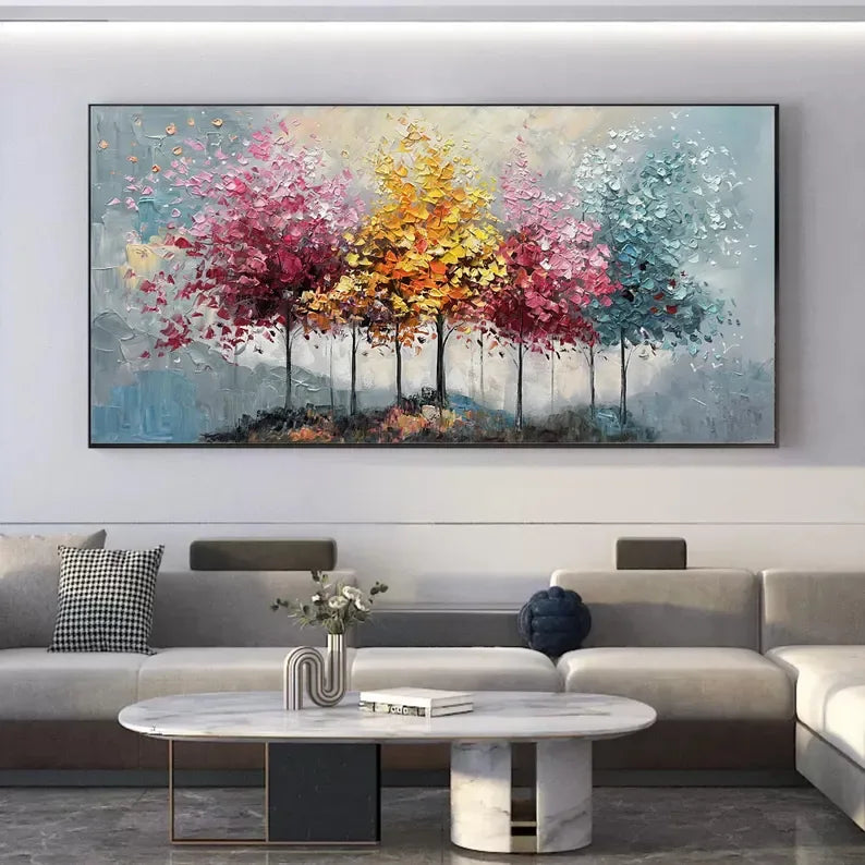 Seasons Symphony Canvas Art-Four Seasons Tree Oil Painting Wall Art with Hand drawn Texture - artextured