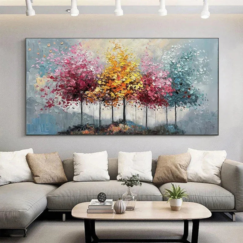 Seasons Symphony Canvas Art-Four Seasons Tree Oil Painting Wall Art with Hand drawn Texture - artextured