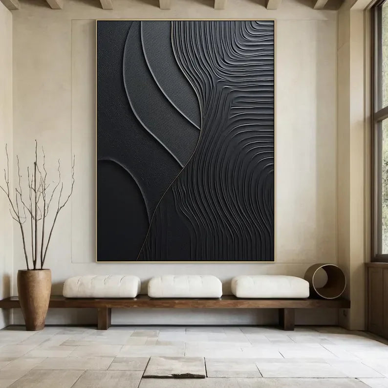 Black Serene Leaves - Handmade Three-Dimensional Black Textured Wall Art - artextured