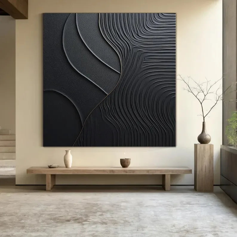 Black Serene Leaves - Handmade Three-Dimensional Black Textured Wall Art - artextured