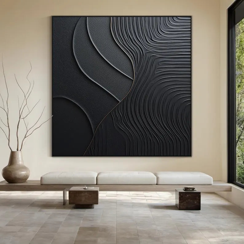 Black Serene Leaves - Abstract Textured Wall Art