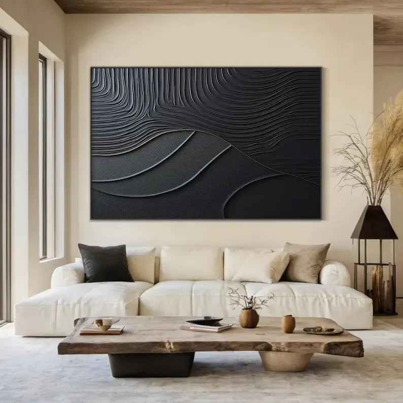Black Serene Leaves - Handmade Three-Dimensional Black Textured Wall Art - artextured