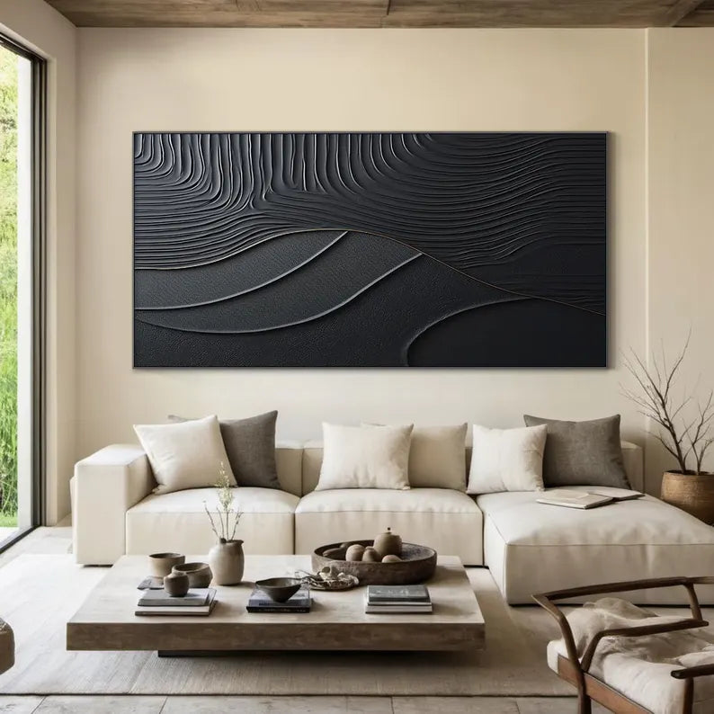 Black Serene Leaves - Abstract Textured Wall Art