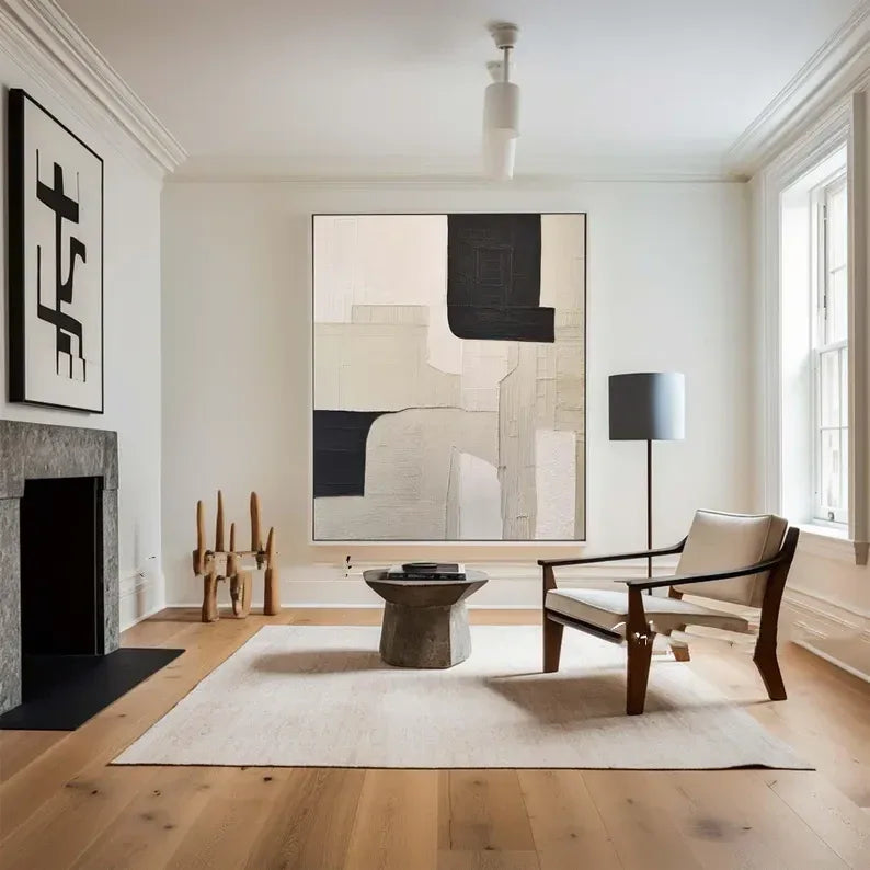 Monochrome Harmony Canvas Art-Wabi Sabi Abstract Wall Art of Hand drawn Geometric Block Surface - artextured