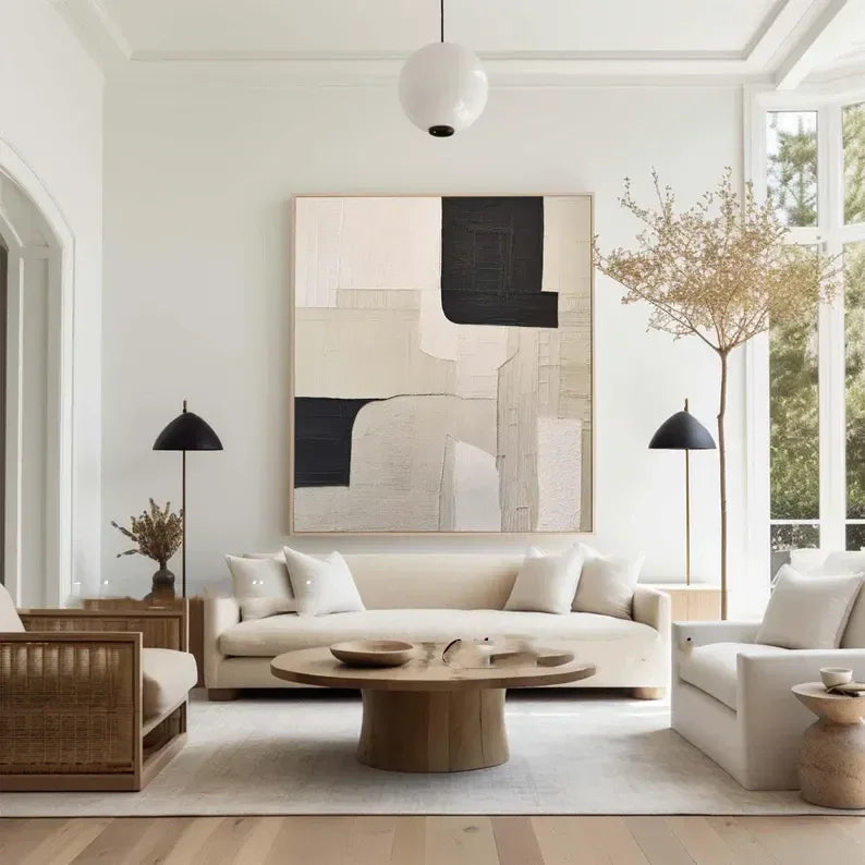 Monochrome Harmony Canvas Art-Wabi Sabi Abstract Wall Art of Hand drawn Geometric Block Surface - artextured