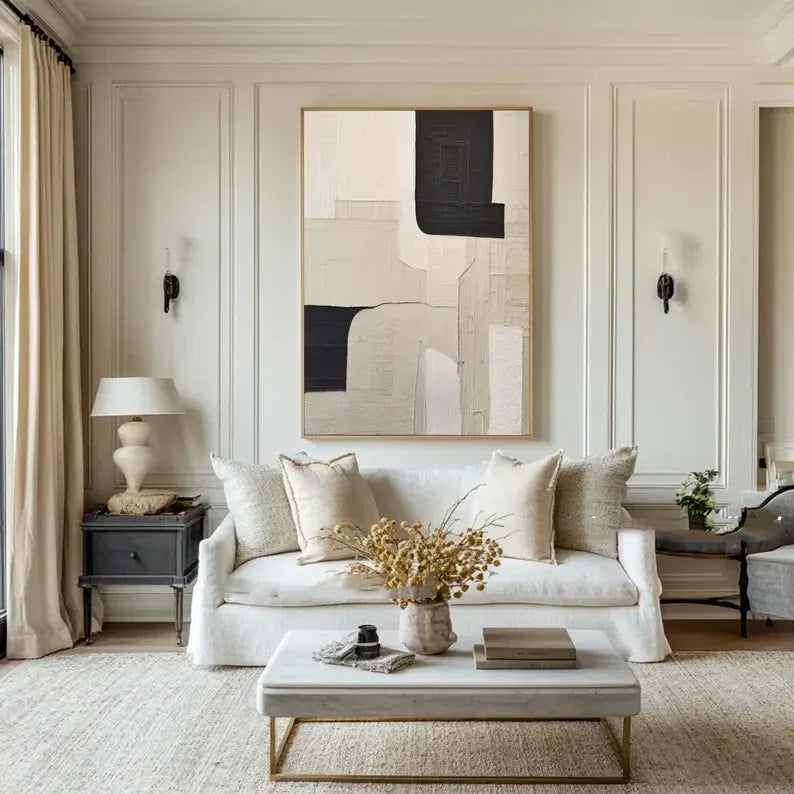 Monochrome Harmony Canvas Art-Wabi Sabi Abstract Wall Art of Hand drawn Geometric Block Surface - artextured