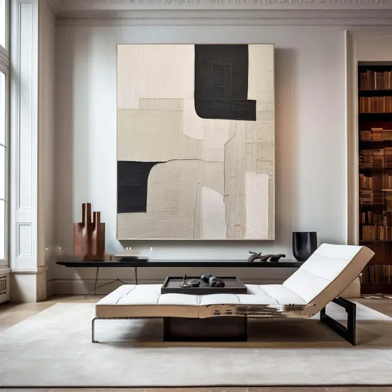 Monochrome Harmony Canvas Art-Wabi Sabi Abstract Wall Art of Hand drawn Geometric Block Surface - artextured