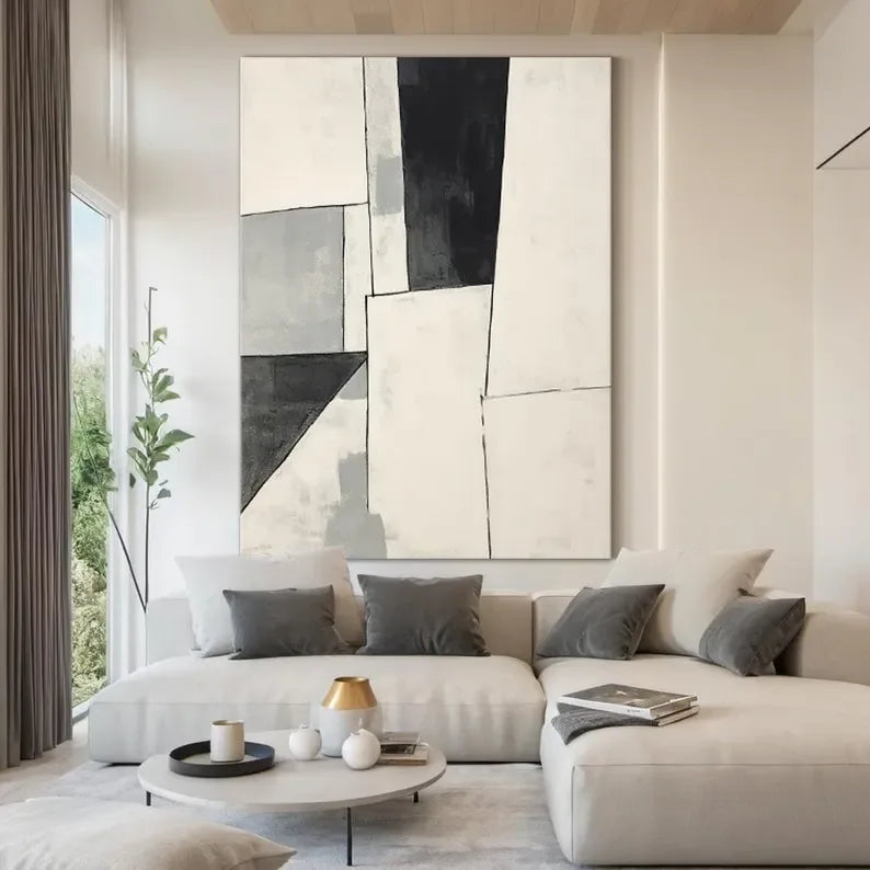 Monochrome Rhythm-Minimalist Abstract Geometry Large Oil Painting - artextured