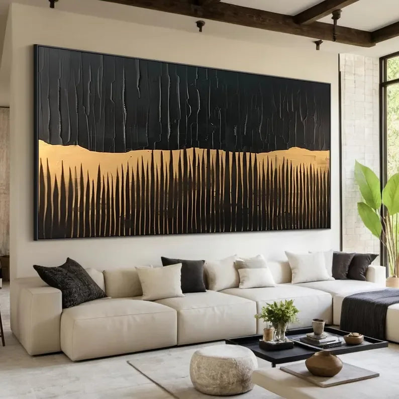 BlackGold Textured Edge-Black Beige Wabi Sabi Abstract Painting - artextured