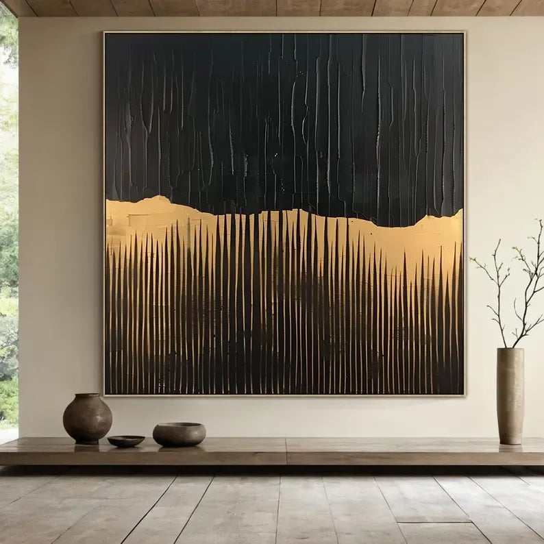 BlackGold Textured Edge-Black Beige Wabi Sabi Abstract Painting - artextured