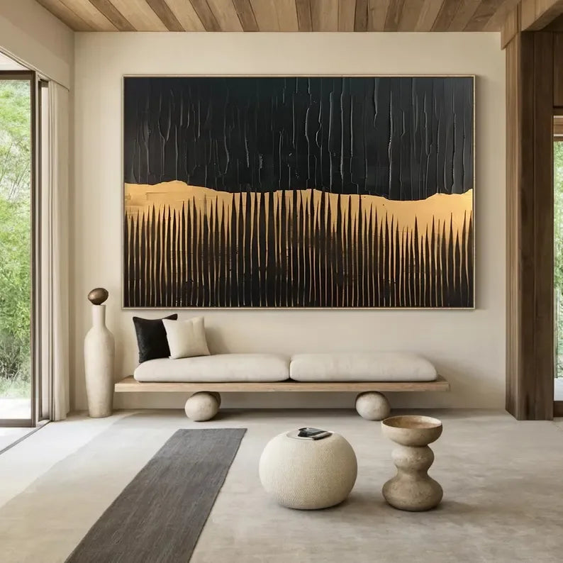 BlackGold Textured Edge-Black Beige Wabi Sabi Abstract Painting - artextured