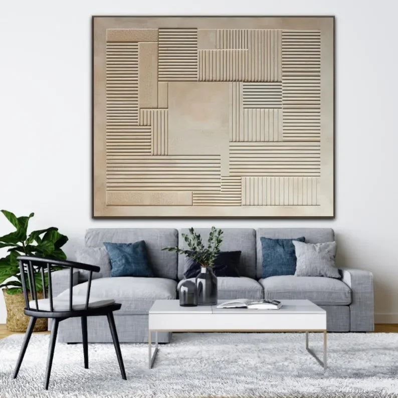 3D Geometric Minimalist Wall Art – Neutral Textured Canvas Decor - artextured