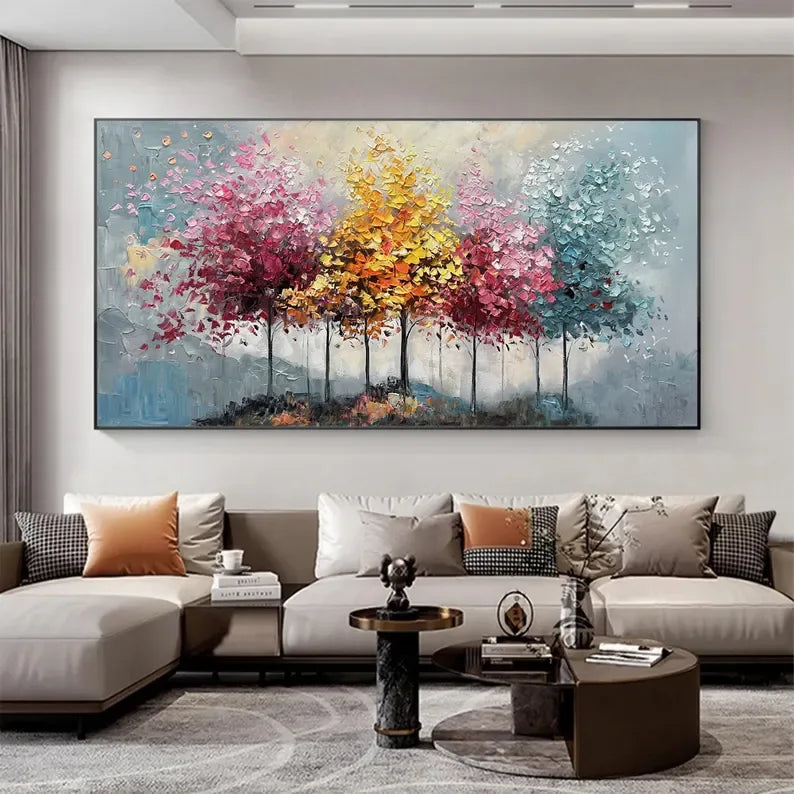 Seasons Symphony Canvas Art-Four Seasons Tree Oil Painting Wall Art with Hand drawn Texture - artextured