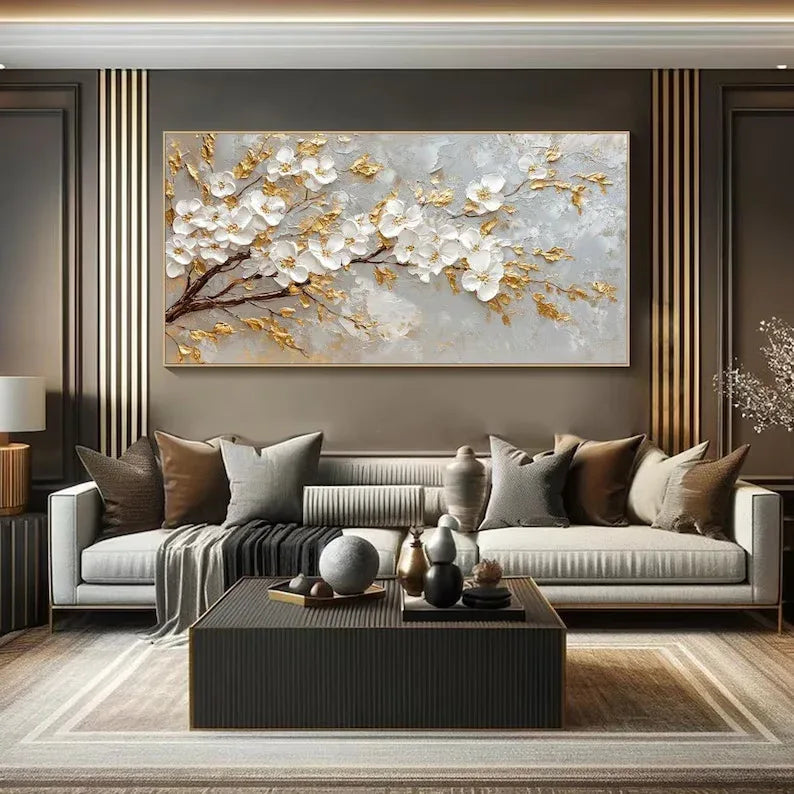 Golden Blossom-Modern Romantic Gold Foil Flower Texture Wall Art - artextured
