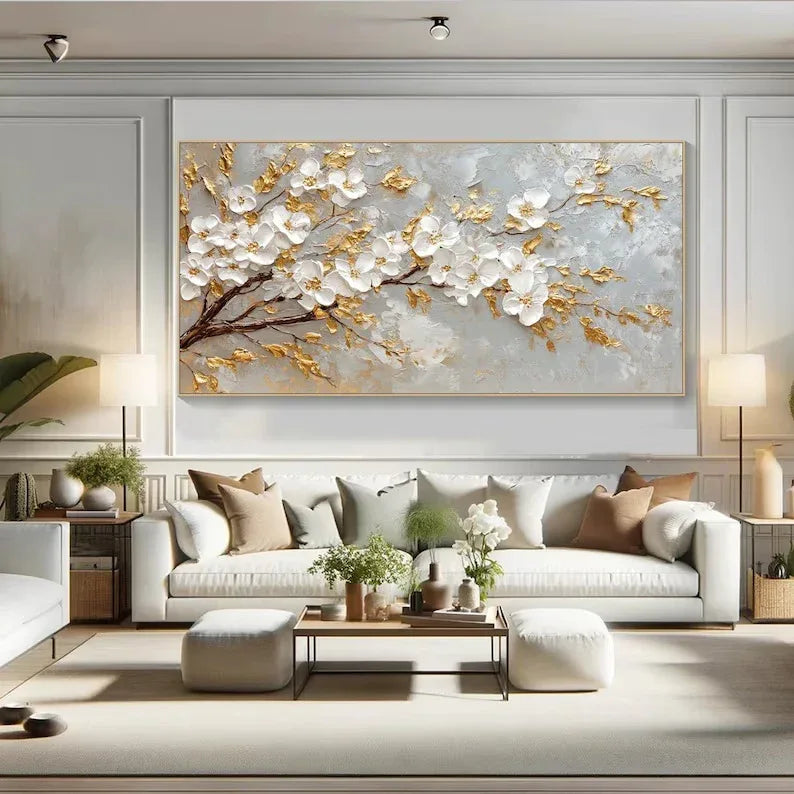 Golden Blossom-Modern Romantic Gold Foil Flower Texture Wall Art - artextured