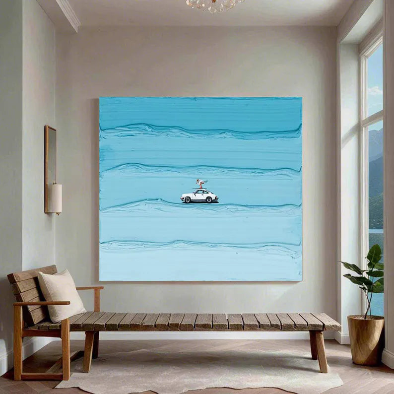 Coastal Surfing Car Canvas Wall Art – Ocean Waves Beach Painting#AB0519051