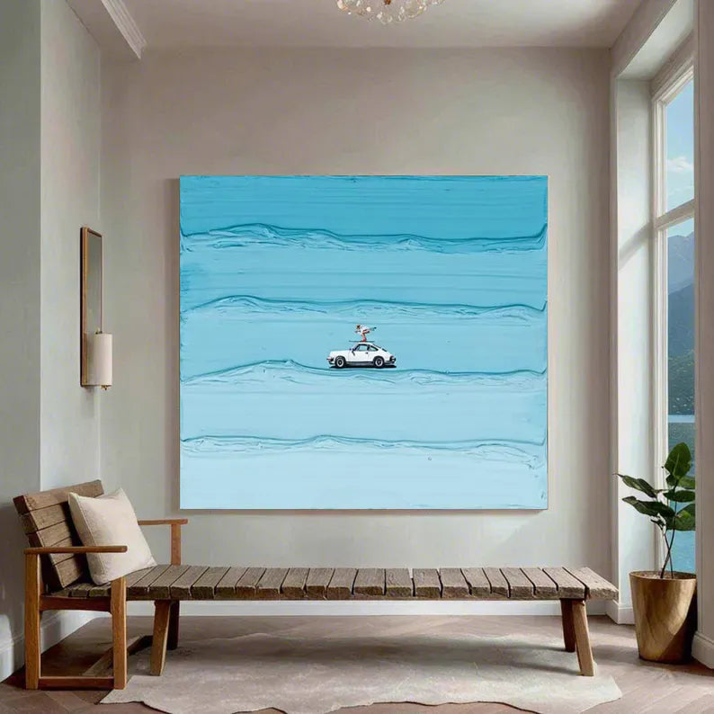 Coastal Surfing Car Canvas Wall Art – Ocean Waves Beach Painting#AB0519051