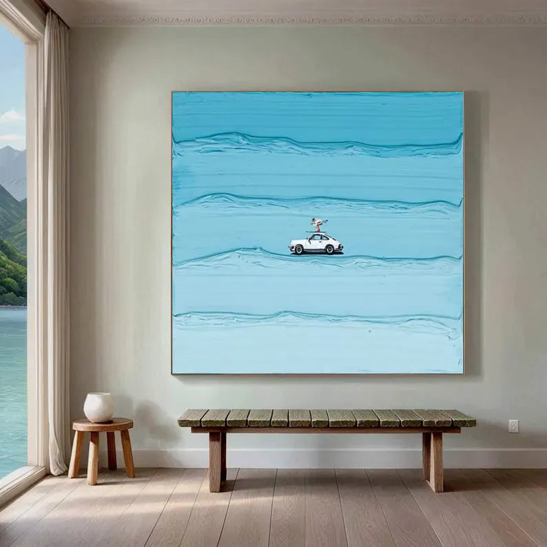 Coastal Surfing Car Canvas Wall Art – Ocean Waves Beach Painting#AB0519051