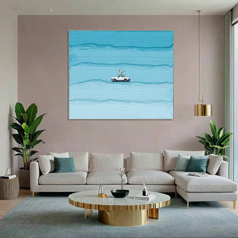 Coastal Surfing Car Canvas Wall Art – Ocean Waves Beach Painting#AB0519051
