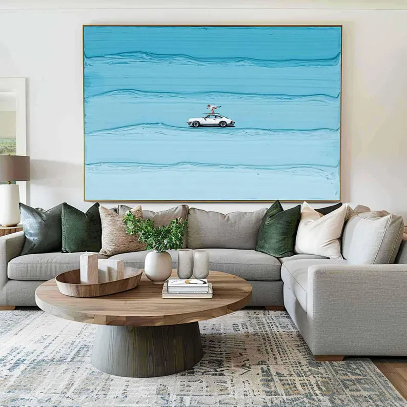 Coastal Surfing Car Canvas Wall Art – Ocean Waves Beach Painting#AB0519051
