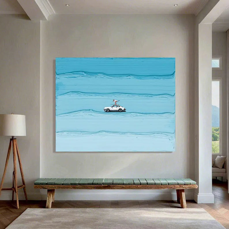 Coastal Surfing Car Canvas Wall Art – Ocean Waves Beach Painting#AB0519051