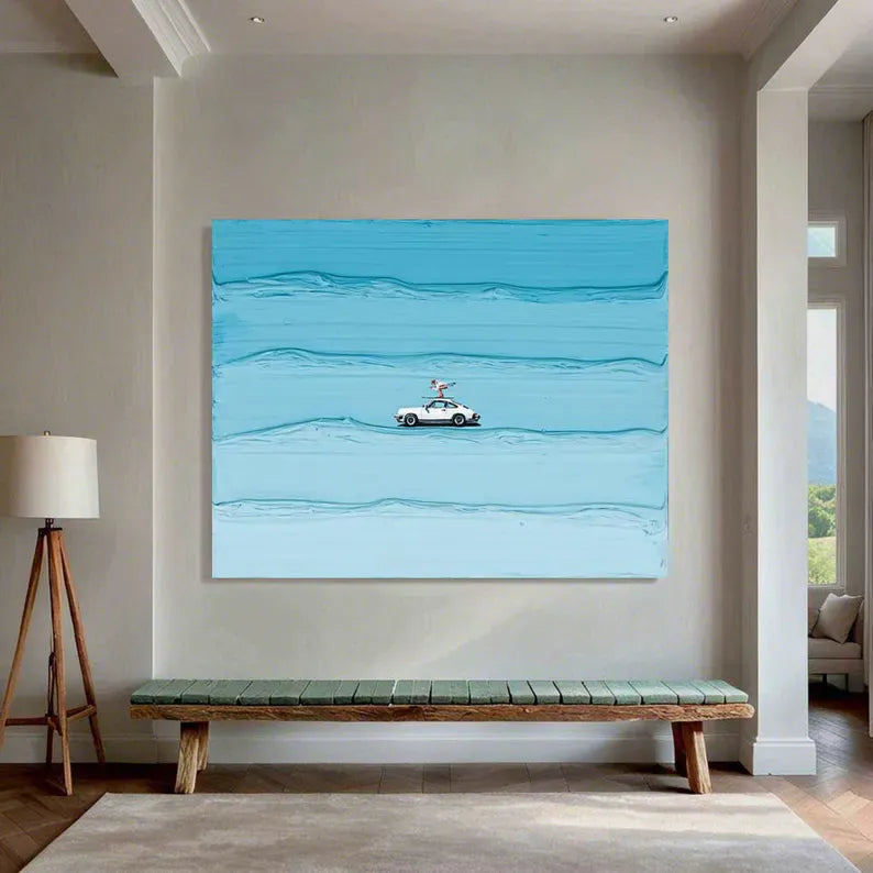 Coastal Surfing Car Canvas Wall Art – Ocean Waves Beach Painting#AB0519051