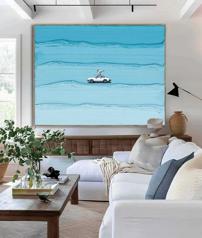 Coastal Surfing Car Canvas Wall Art – Ocean Waves Beach Painting#AB0519051