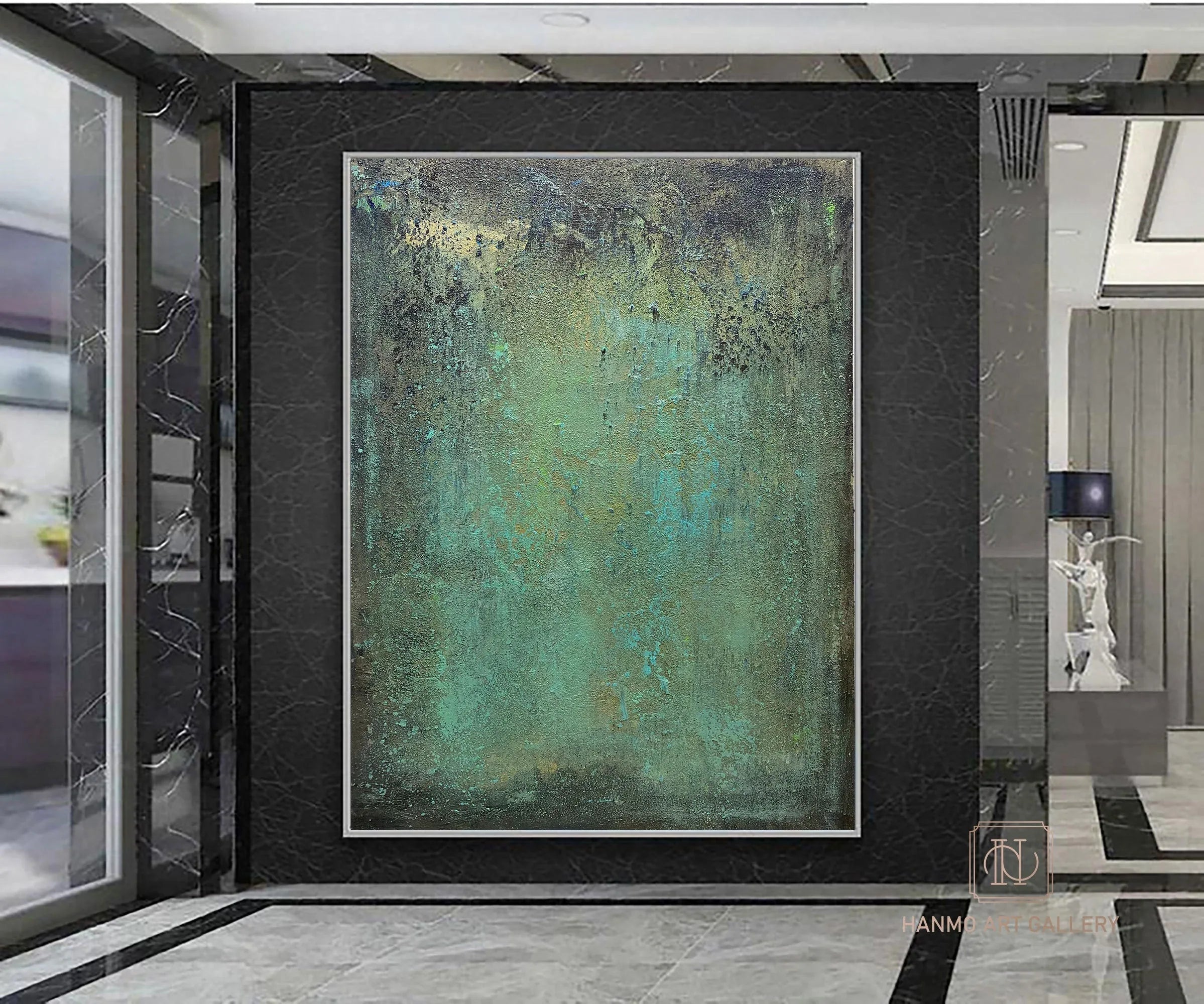 Emerald Depths Abstraction-Hand Painted Impasto Green Black Gold Textured Wall Art - artextured