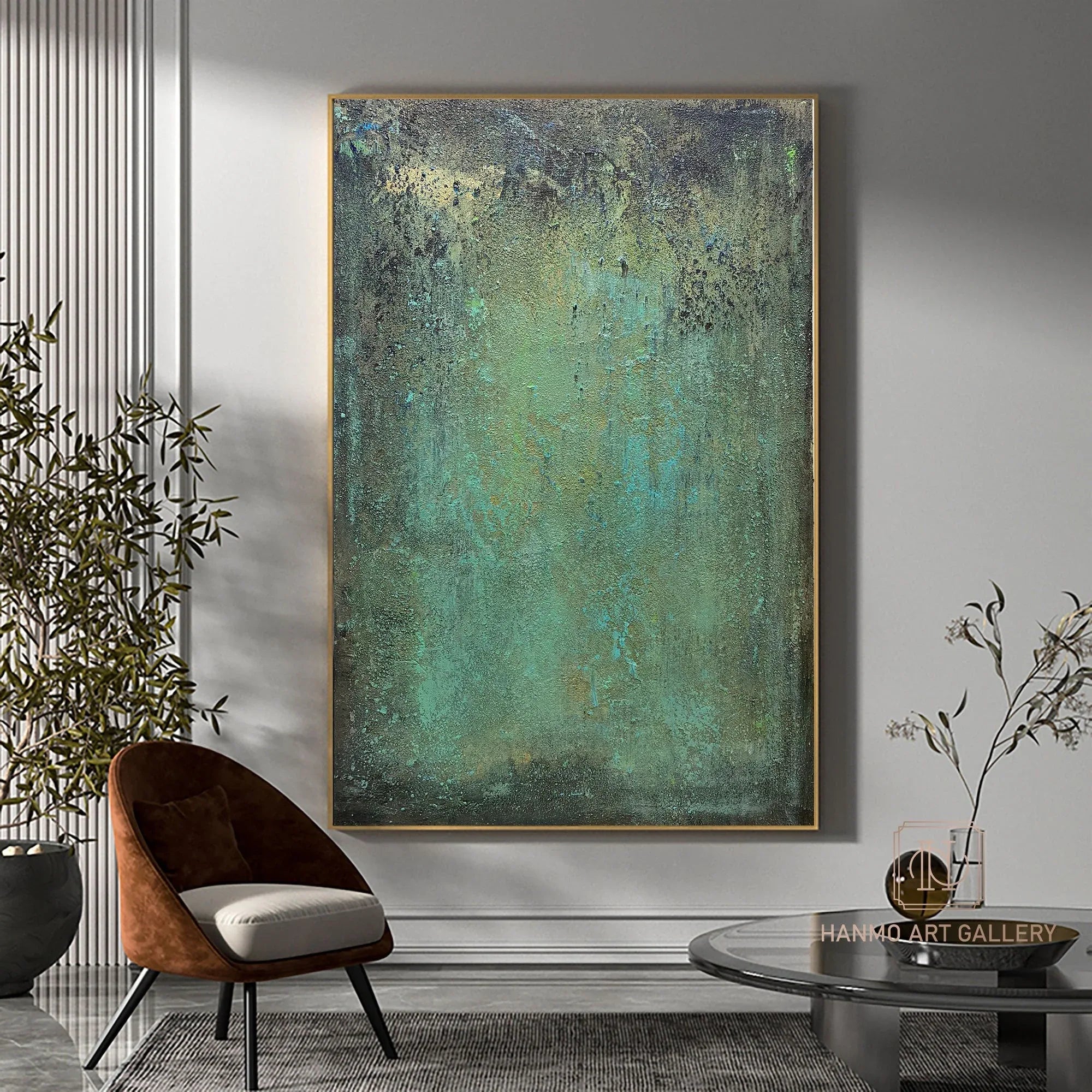 Emerald Depths Abstraction-Hand Painted Impasto Green Black Gold Textured Wall Art - artextured