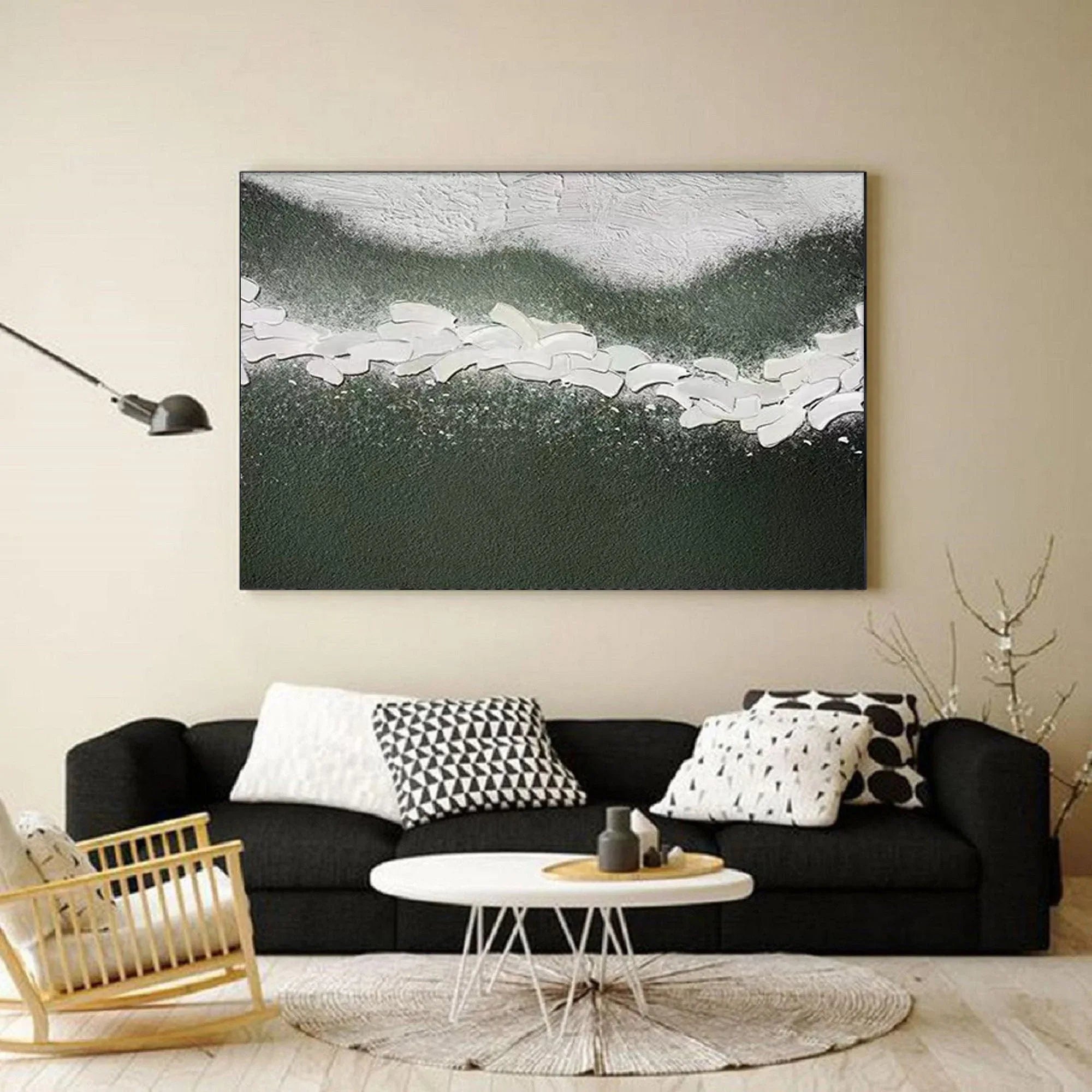 Path of Serenity-Hand Drawn Flowing Green and White Outline Abstract Texture Wall Art - artextured