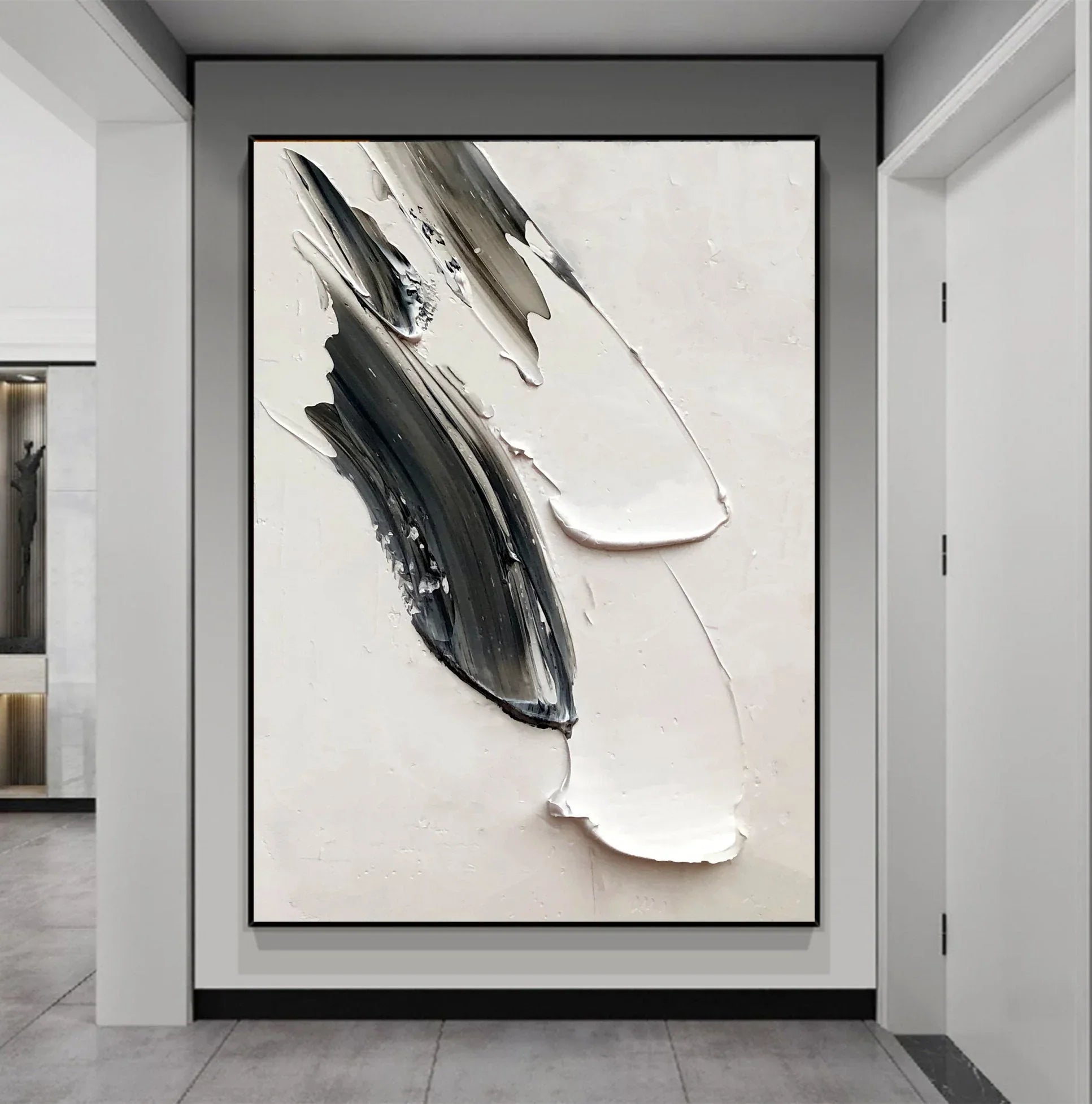 Abstract Echoes in Monochrome-Hand Painted Black and White Impasto Brushstroke Texture Abstract Wall Art - artextured