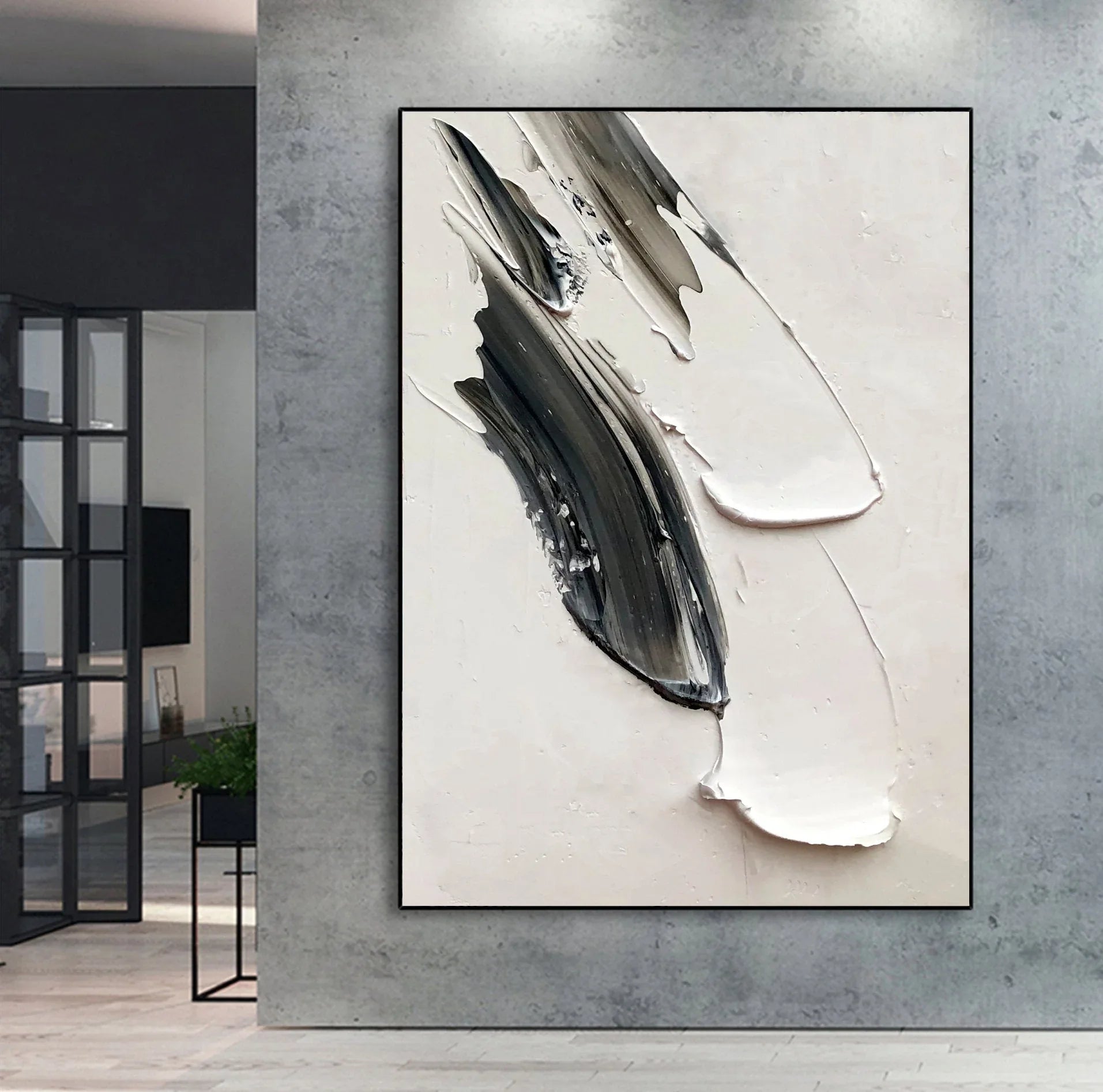 Abstract Echoes in Monochrome-Hand Painted Black and White Impasto Brushstroke Texture Abstract Wall Art - artextured