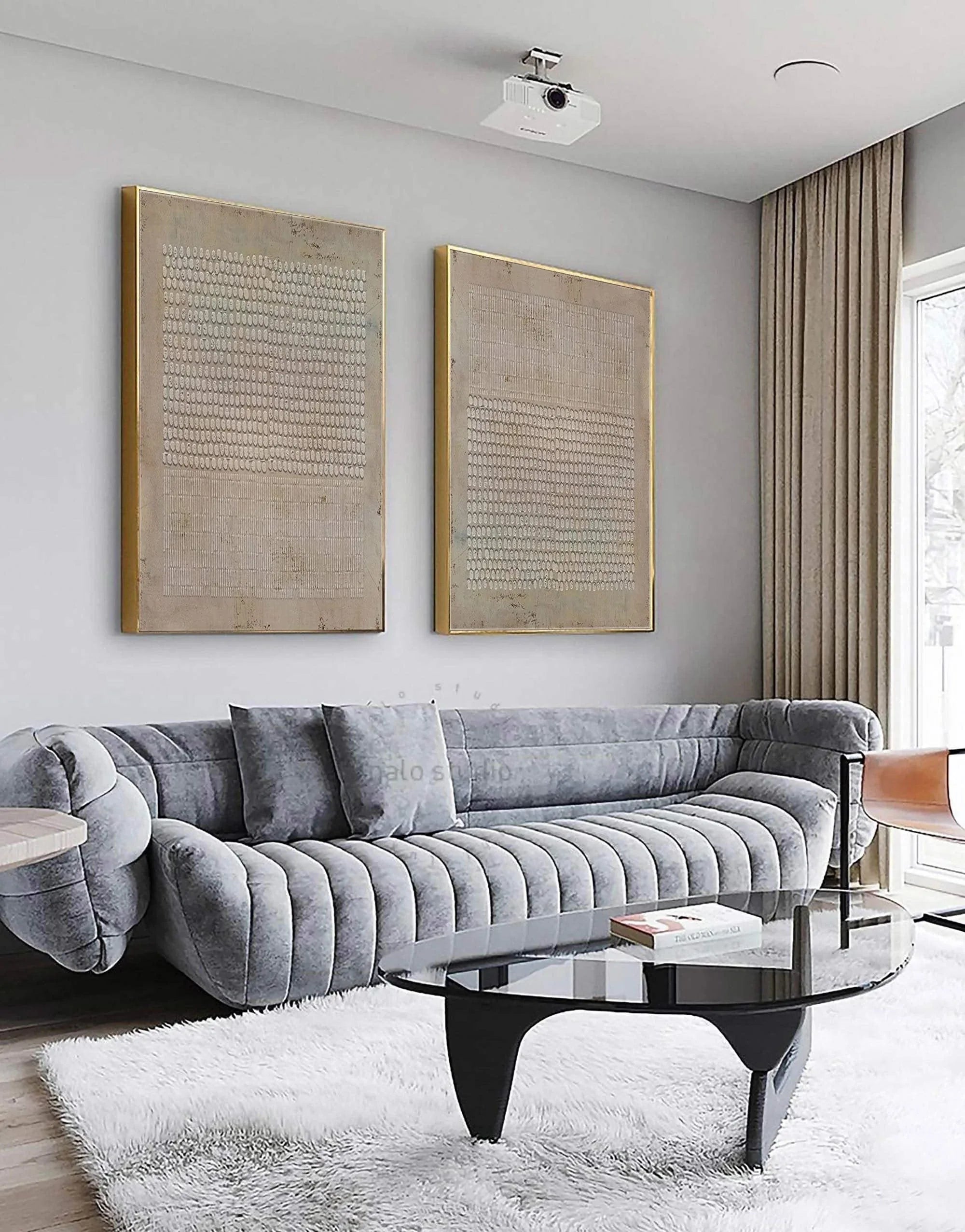 Tactile Geometry Duo Panels SET OF 2-Modern Minimalist Light Brown Geometric Grid Abstract Wall Art - artextured