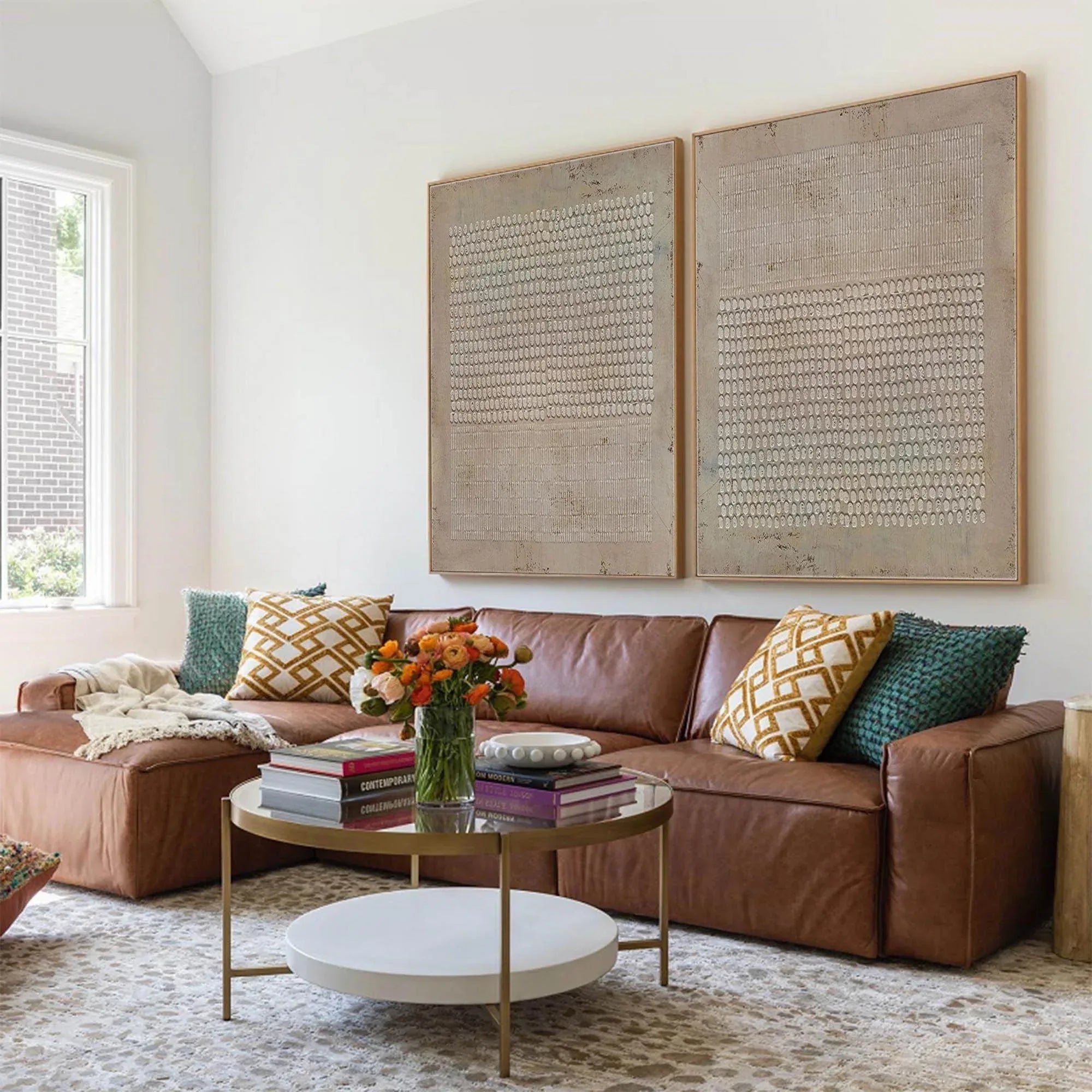 Tactile Geometry Duo Panels SET OF 2-Modern Minimalist Light Brown Geometric Grid Abstract Wall Art - artextured