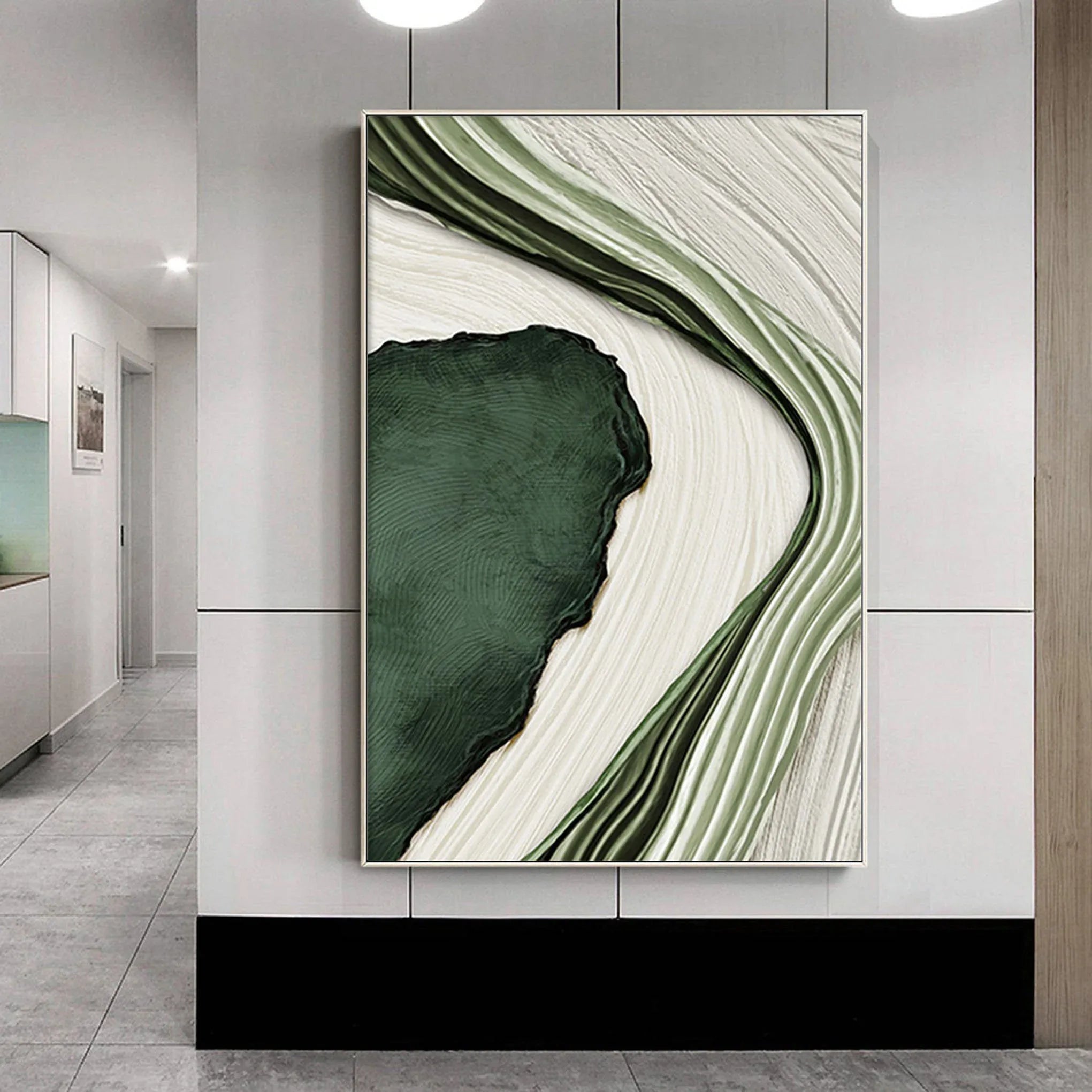 River Flow Abstract Painting-Green and White Flowing Curve Texture Wall Art - artextured