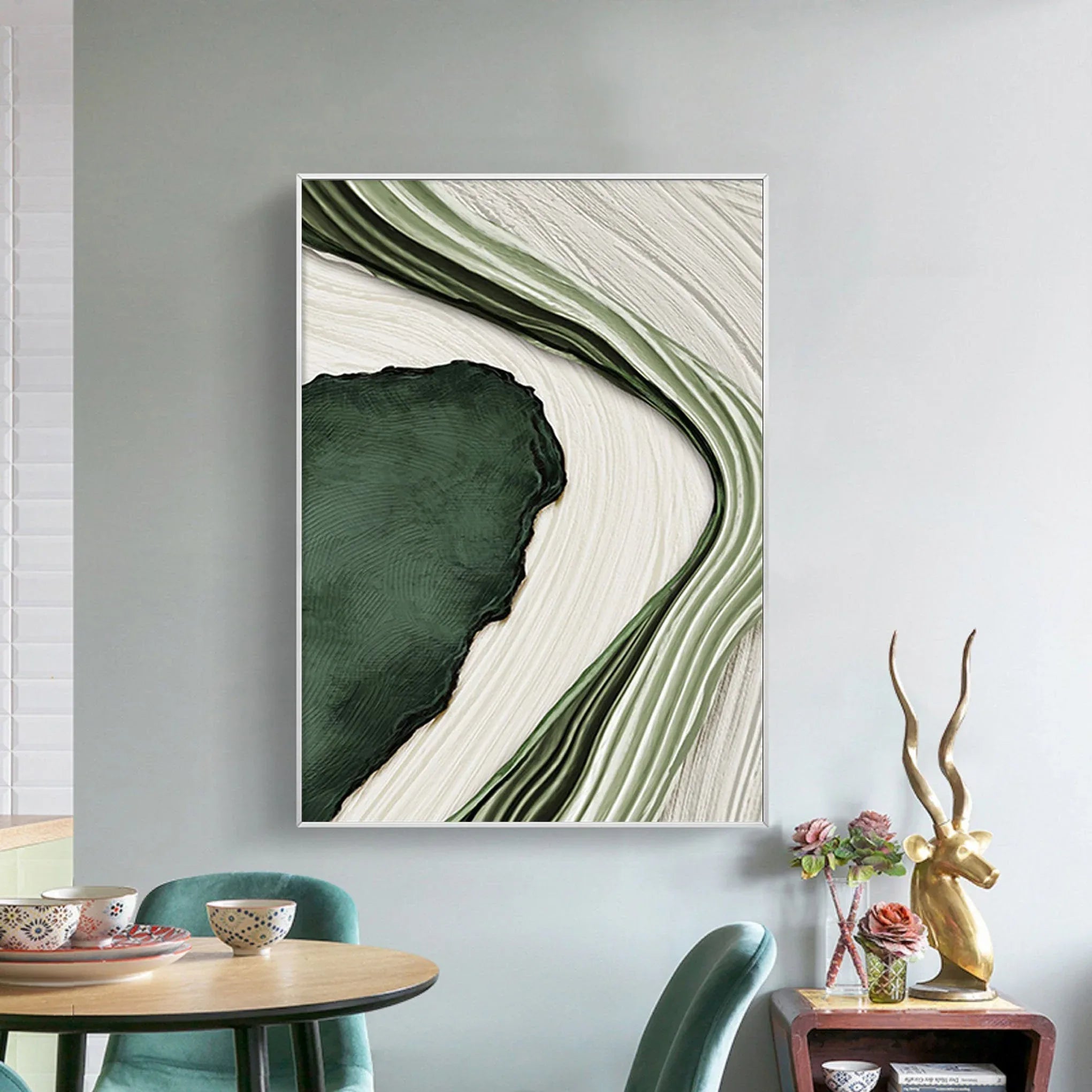 River Flow Abstract Painting-Green and White Flowing Curve Texture Wall Art - artextured
