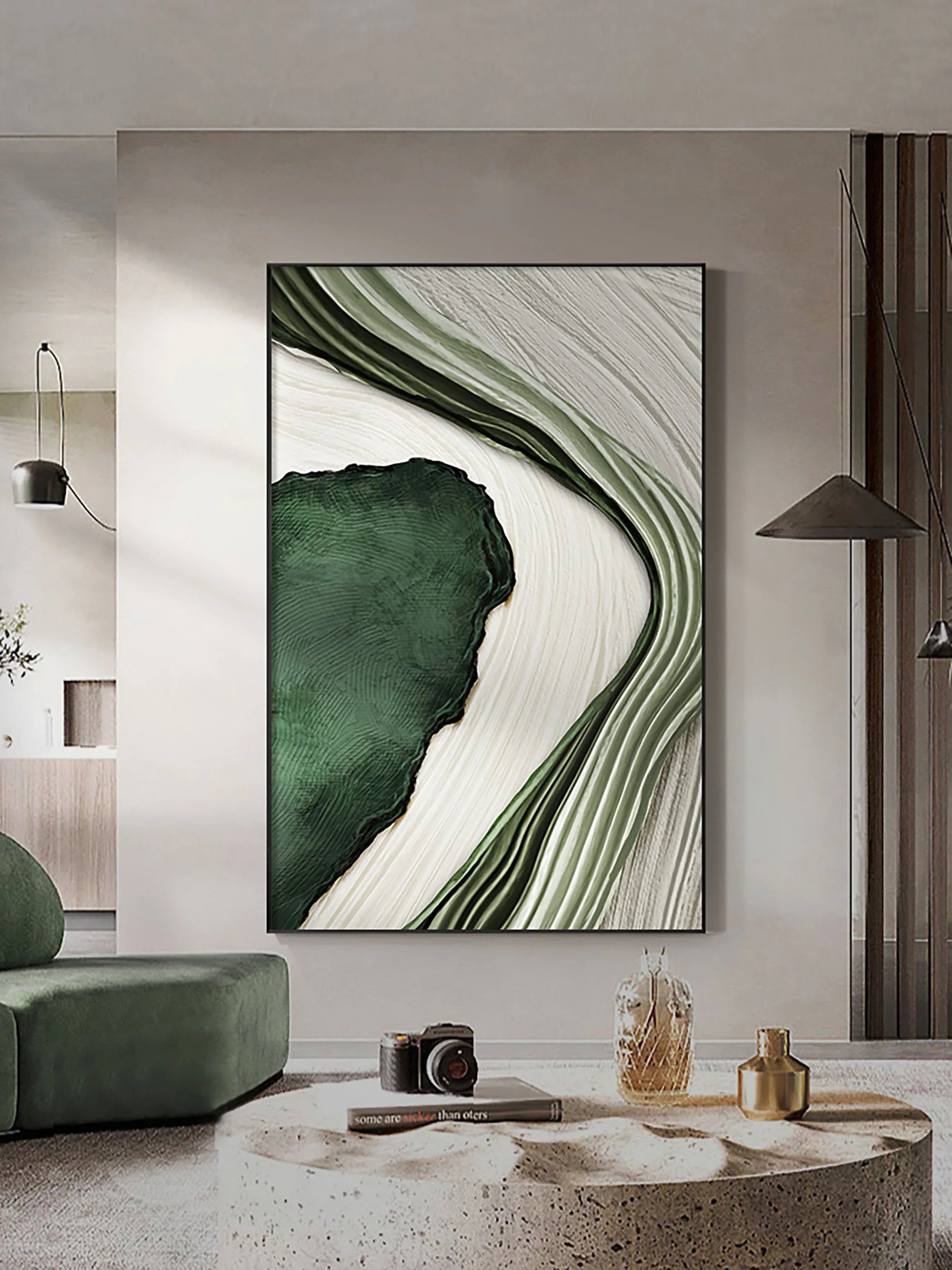 River Flow Abstract Painting-Green and White Flowing Curve Texture Wall Art - artextured