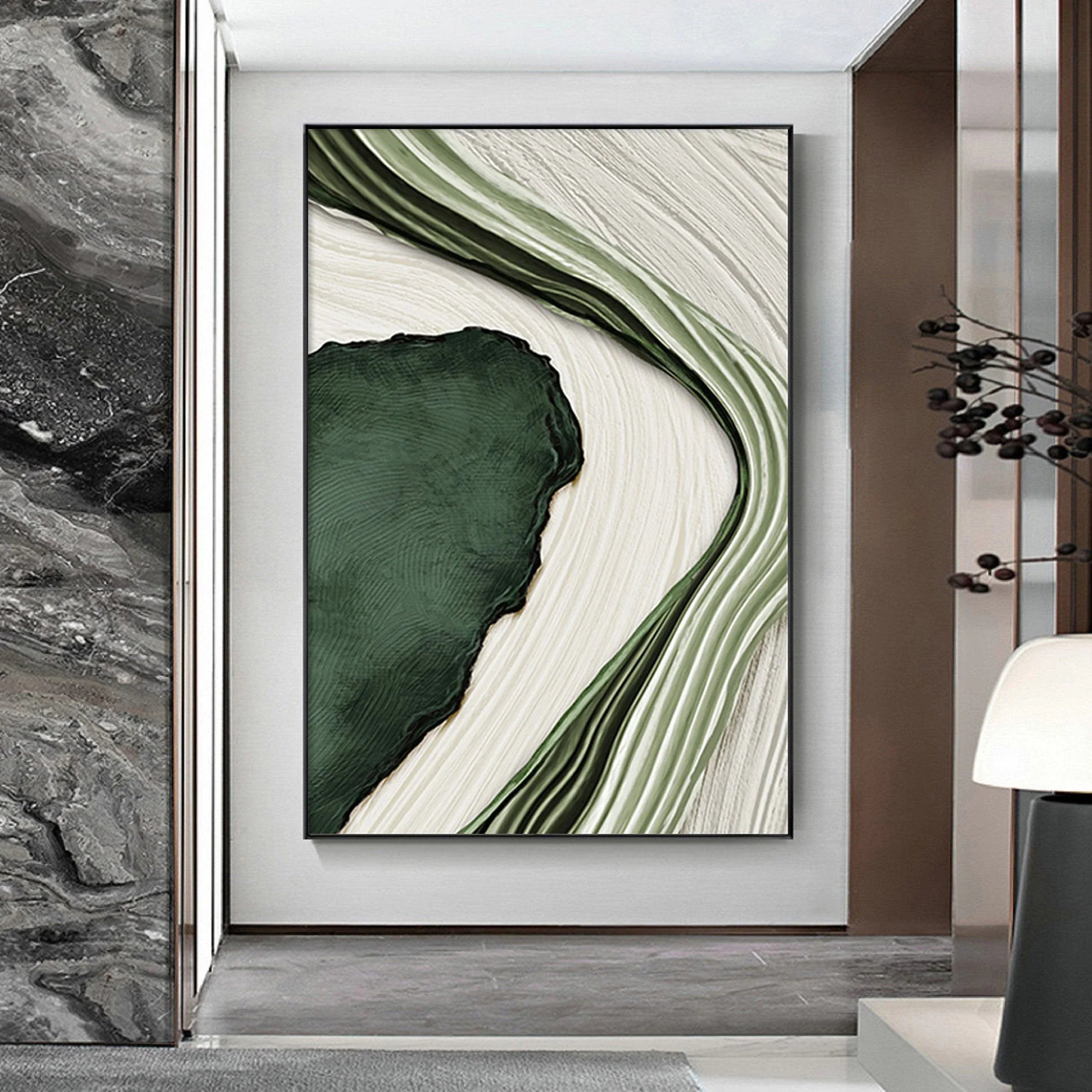 River Flow Abstract Painting-Green and White Flowing Curve Texture Wall Art - artextured