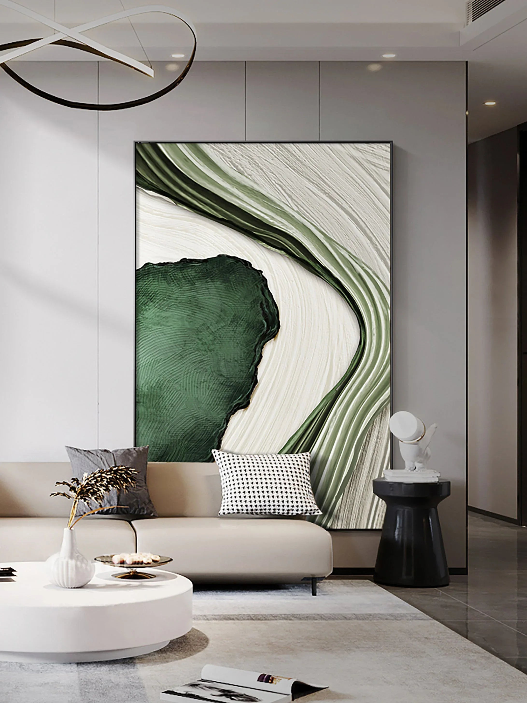 River Flow Abstract Painting-Green and White Flowing Curve Texture Wall Art - artextured